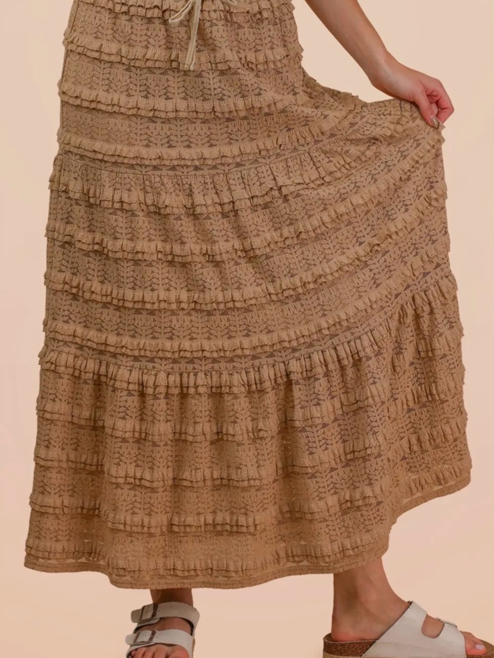 Boho Tiered Ruffle Maxi Skirt in Tan
